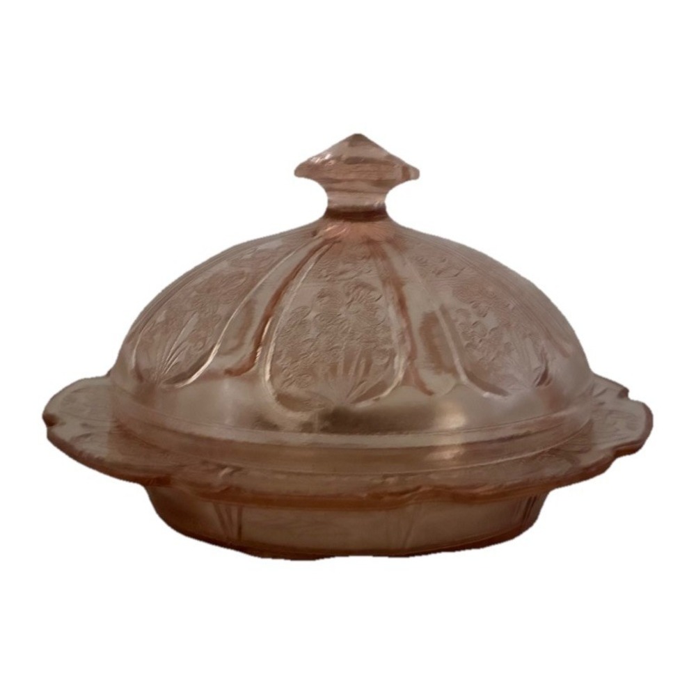 Jeannette Cherry Blossom Pink Depression Glass Covered Butter Dish 1930s Vintage